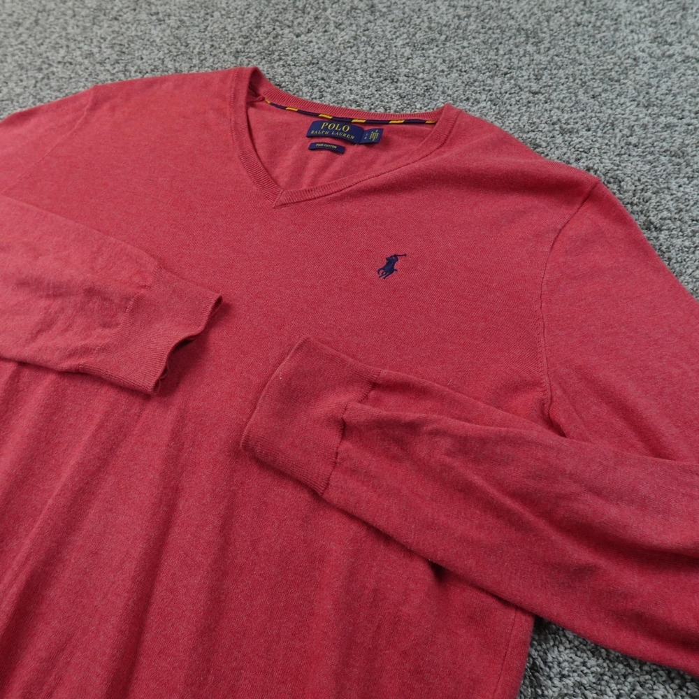 Polo Ralph Lauren Sweater Mens L Red Pima Cotton V Neck Knit Pullover Pony Logo